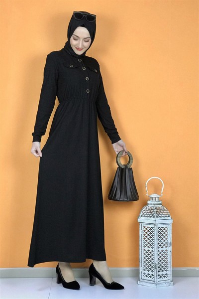 Moda Pinhan - Düğme Detaylı Elbise Siyah