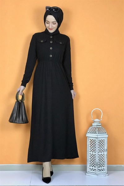 Düğme Detaylı Elbise Siyah - Thumbnail