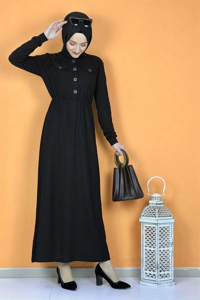 Düğme Detaylı Elbise Siyah - Thumbnail