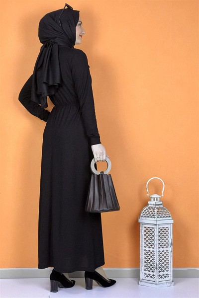 Düğme Detaylı Elbise Siyah - Thumbnail