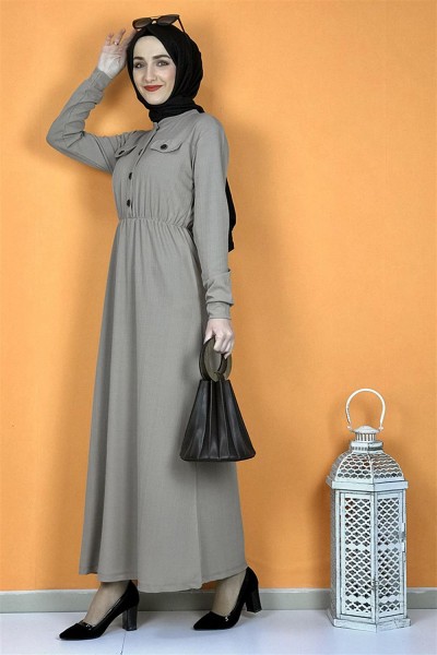 Moda Pinhan - Düğme Detaylı Elbise Vizon