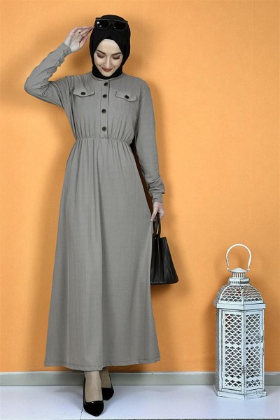 Düğme Detaylı Elbise Vizon - Thumbnail