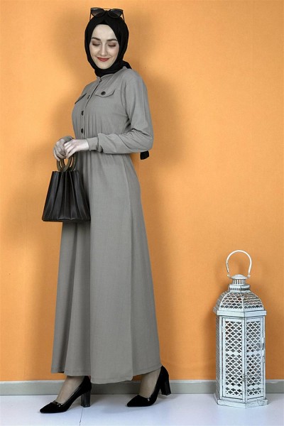 Düğme Detaylı Elbise Vizon - Thumbnail