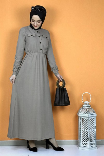 Düğme Detaylı Elbise Vizon - Thumbnail