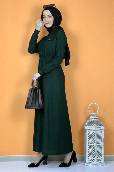 Moda Pinhan - Düğme Detaylı Elbise Zümrüt