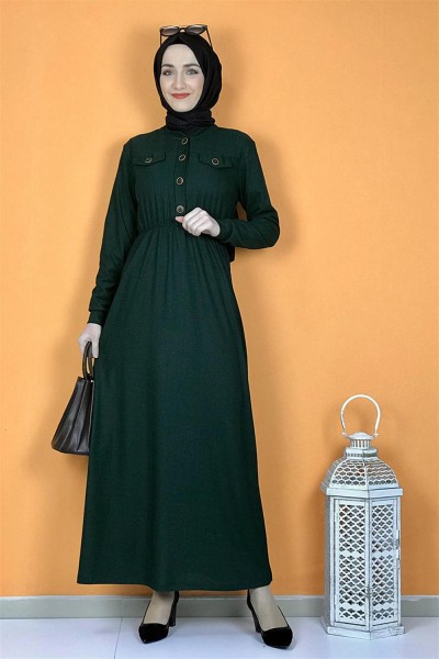 Düğme Detaylı Elbise Zümrüt - Thumbnail