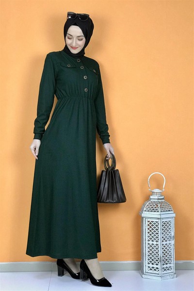 Düğme Detaylı Elbise Zümrüt - Thumbnail