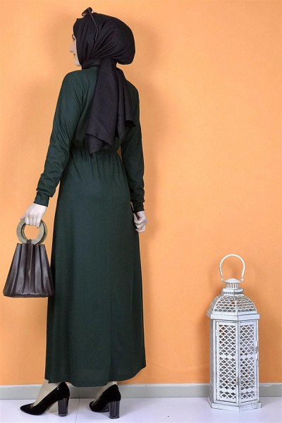 Düğme Detaylı Elbise Zümrüt - Thumbnail