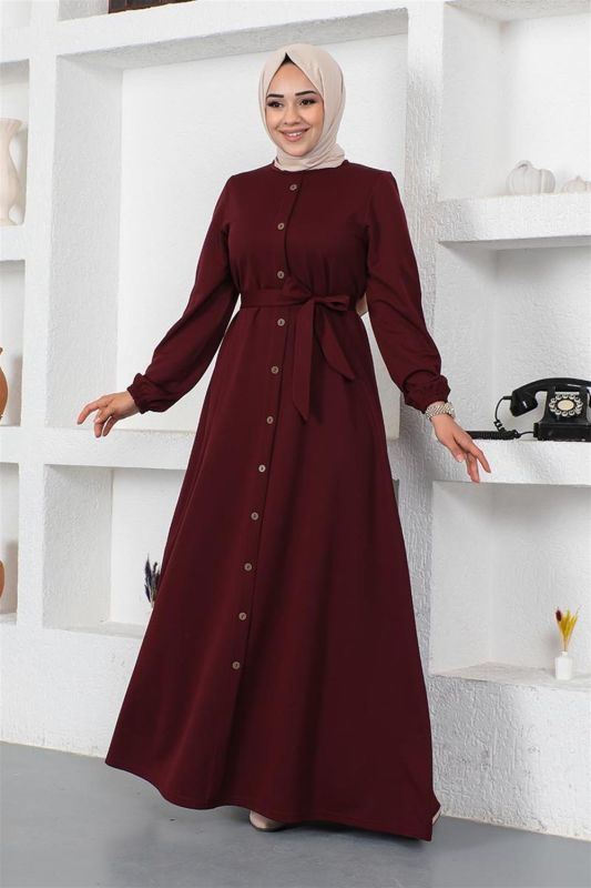 Düğme Detaylı Kemerli Elbise BORDO - 1