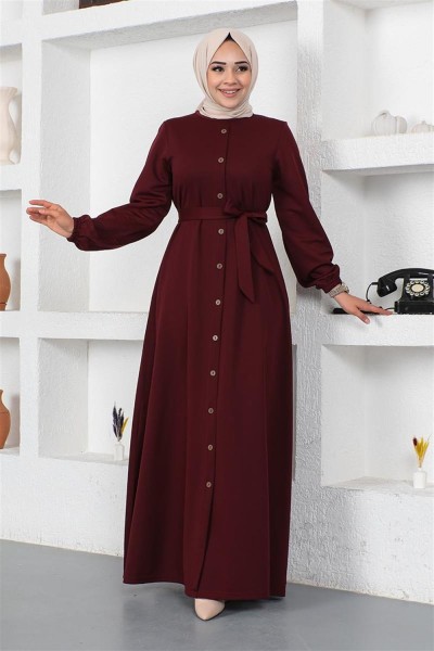 Düğme Detaylı Kemerli Elbise BORDO - Thumbnail