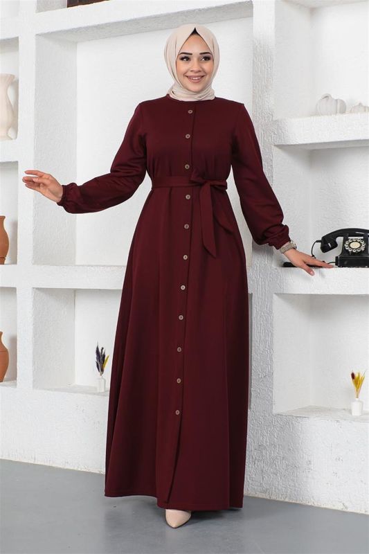 Düğme Detaylı Kemerli Elbise BORDO - 2