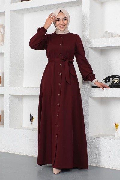 Düğme Detaylı Kemerli Elbise BORDO - Thumbnail