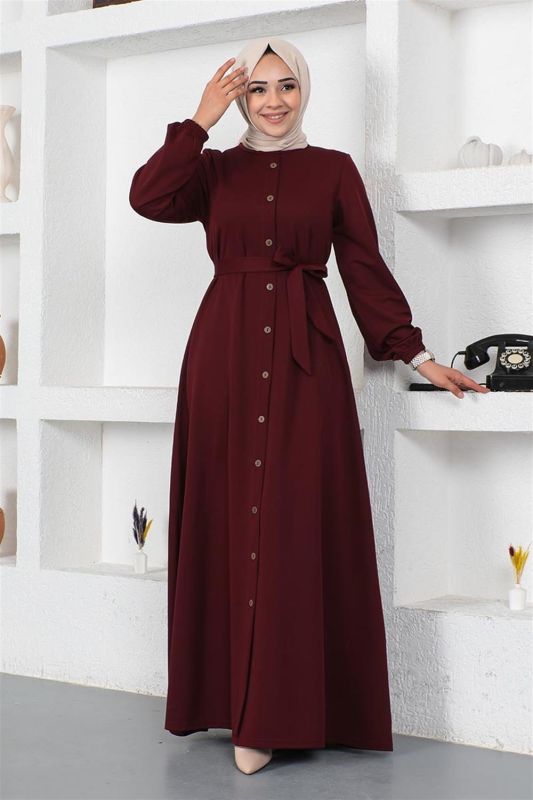 Düğme Detaylı Kemerli Elbise BORDO - 3