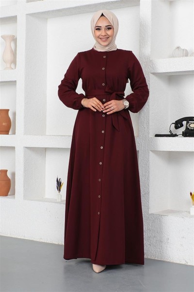 Düğme Detaylı Kemerli Elbise BORDO - Thumbnail