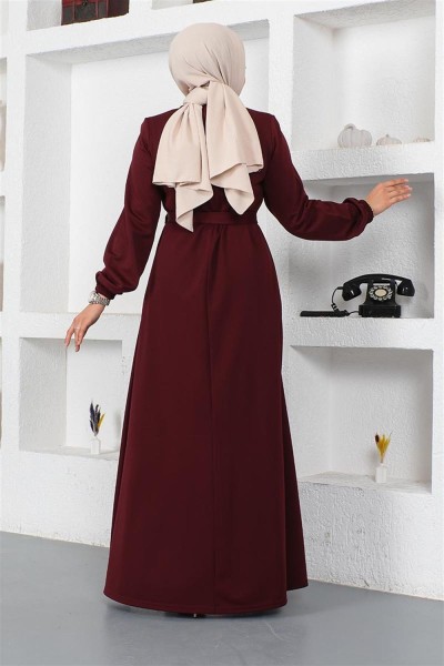 Düğme Detaylı Kemerli Elbise BORDO - Thumbnail