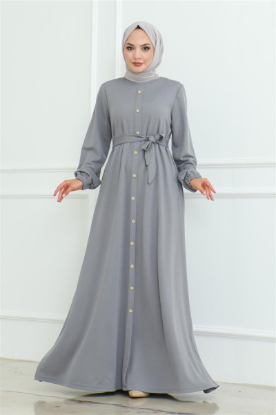 MG - Düğme Detaylı Kemerli Elbise GRİ