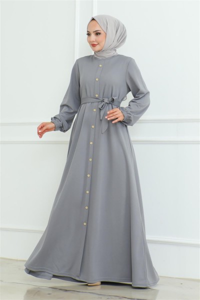 Düğme Detaylı Kemerli Elbise GRİ - Thumbnail