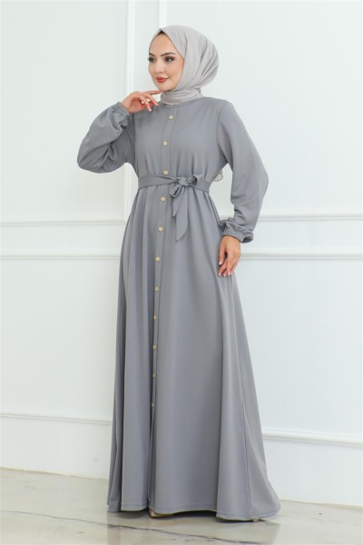 Düğme Detaylı Kemerli Elbise GRİ - Thumbnail
