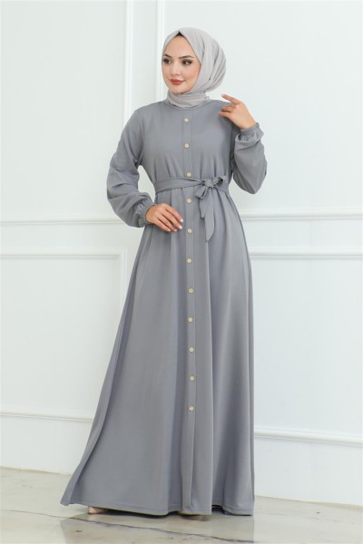Düğme Detaylı Kemerli Elbise GRİ - Thumbnail