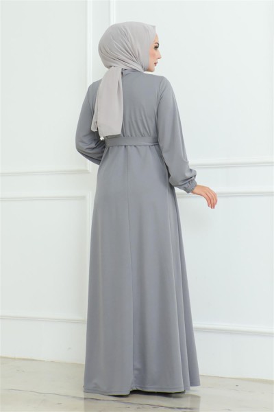 Düğme Detaylı Kemerli Elbise GRİ - Thumbnail