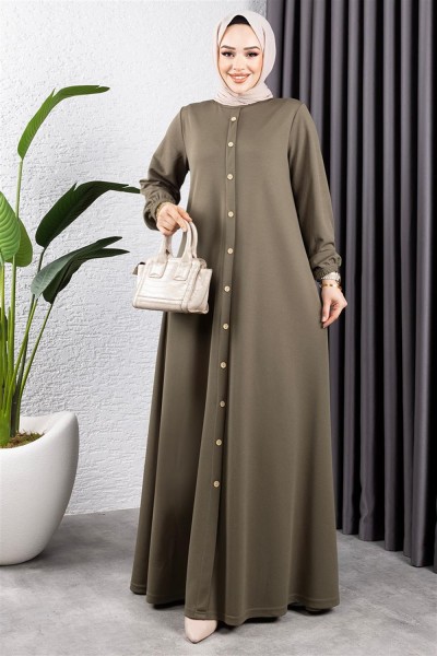 MG - Düğme Detaylı Kemerli Elbise HAKİ