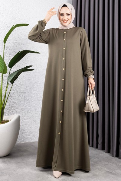 Düğme Detaylı Kemerli Elbise HAKİ - Thumbnail