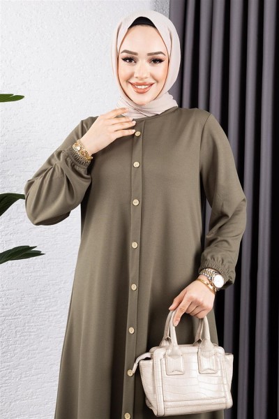 Düğme Detaylı Kemerli Elbise HAKİ - Thumbnail