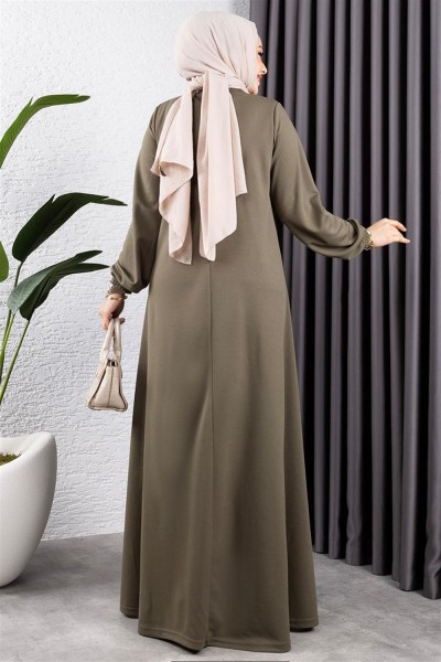 Düğme Detaylı Kemerli Elbise HAKİ - Thumbnail