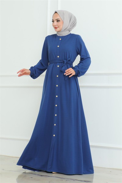 MG - Düğme Detaylı Kemerli Elbise İNDİGO