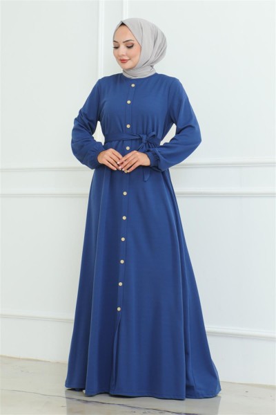 Düğme Detaylı Kemerli Elbise İNDİGO - Thumbnail