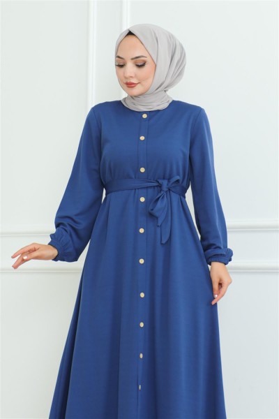 Düğme Detaylı Kemerli Elbise İNDİGO - Thumbnail