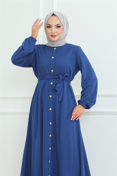 Düğme Detaylı Kemerli Elbise İNDİGO - Thumbnail