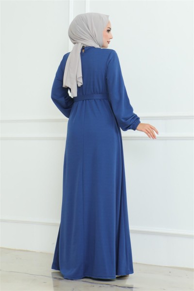 Düğme Detaylı Kemerli Elbise İNDİGO - Thumbnail
