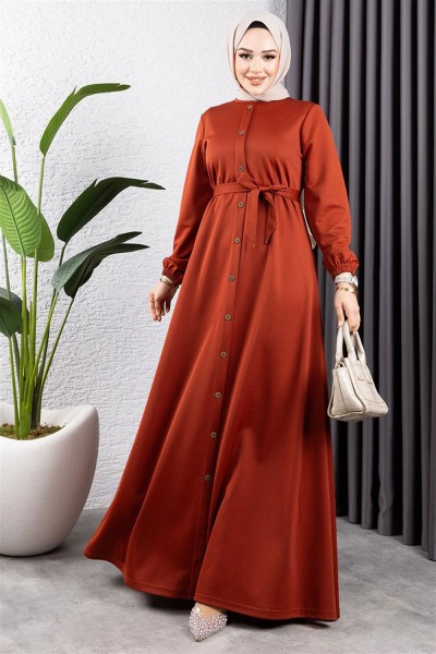 Düğme Detaylı Kemerli Elbise KİREMİT - Thumbnail