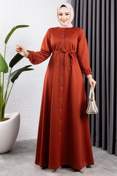 Düğme Detaylı Kemerli Elbise KİREMİT - Thumbnail