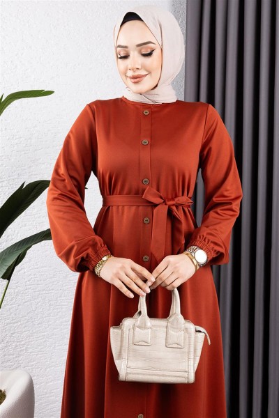 Düğme Detaylı Kemerli Elbise KİREMİT - Thumbnail