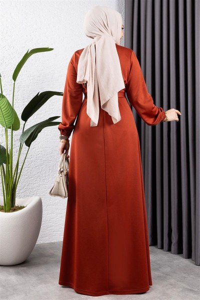 Düğme Detaylı Kemerli Elbise KİREMİT - Thumbnail