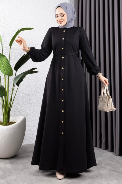 Düğme Detaylı Kemerli Elbise SİYAH - Thumbnail
