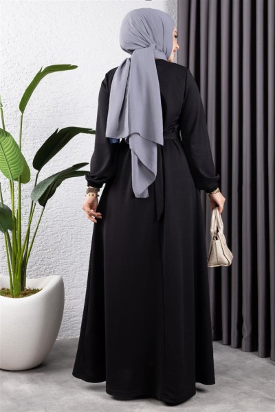 Düğme Detaylı Kemerli Elbise SİYAH - Thumbnail