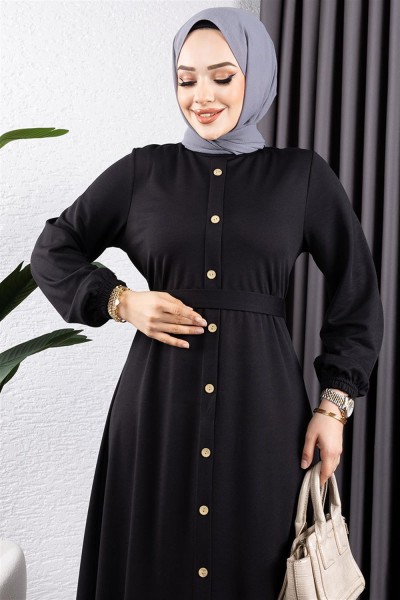 Düğme Detaylı Kemerli Elbise SİYAH - Thumbnail