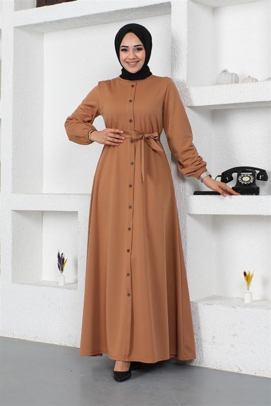 Düğme Detaylı Kemerli Elbise TABA - 1