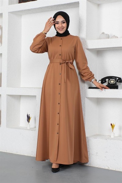 Düğme Detaylı Kemerli Elbise TABA - Thumbnail