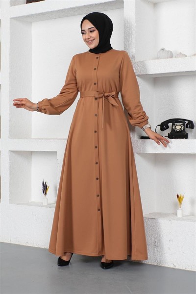 Düğme Detaylı Kemerli Elbise TABA - Thumbnail