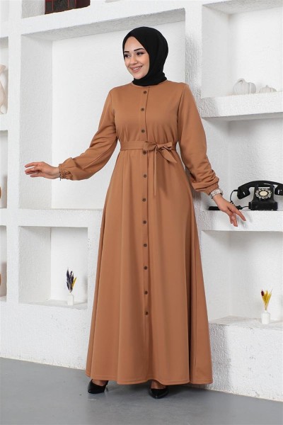 Düğme Detaylı Kemerli Elbise TABA - Thumbnail