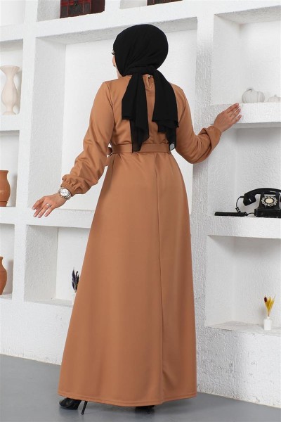 Düğme Detaylı Kemerli Elbise TABA - Thumbnail