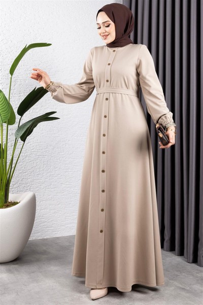 MG - Düğme Detaylı Kemerli Elbise VİZON