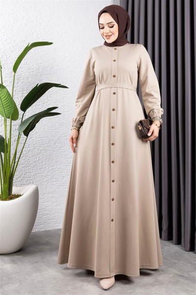 Düğme Detaylı Kemerli Elbise VİZON - Thumbnail