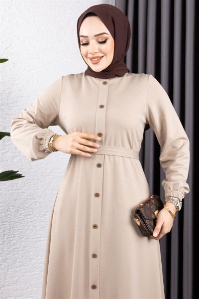 Düğme Detaylı Kemerli Elbise VİZON - Thumbnail