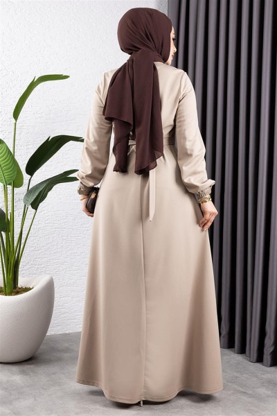 Düğme Detaylı Kemerli Elbise VİZON - Thumbnail