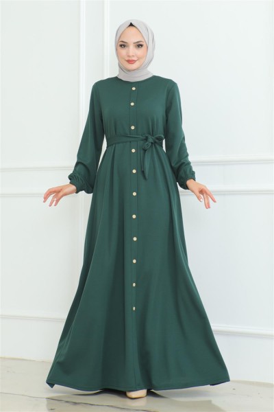 Düğme Detaylı Kemerli Elbise ZÜMRÜT YEŞİLİ - Thumbnail